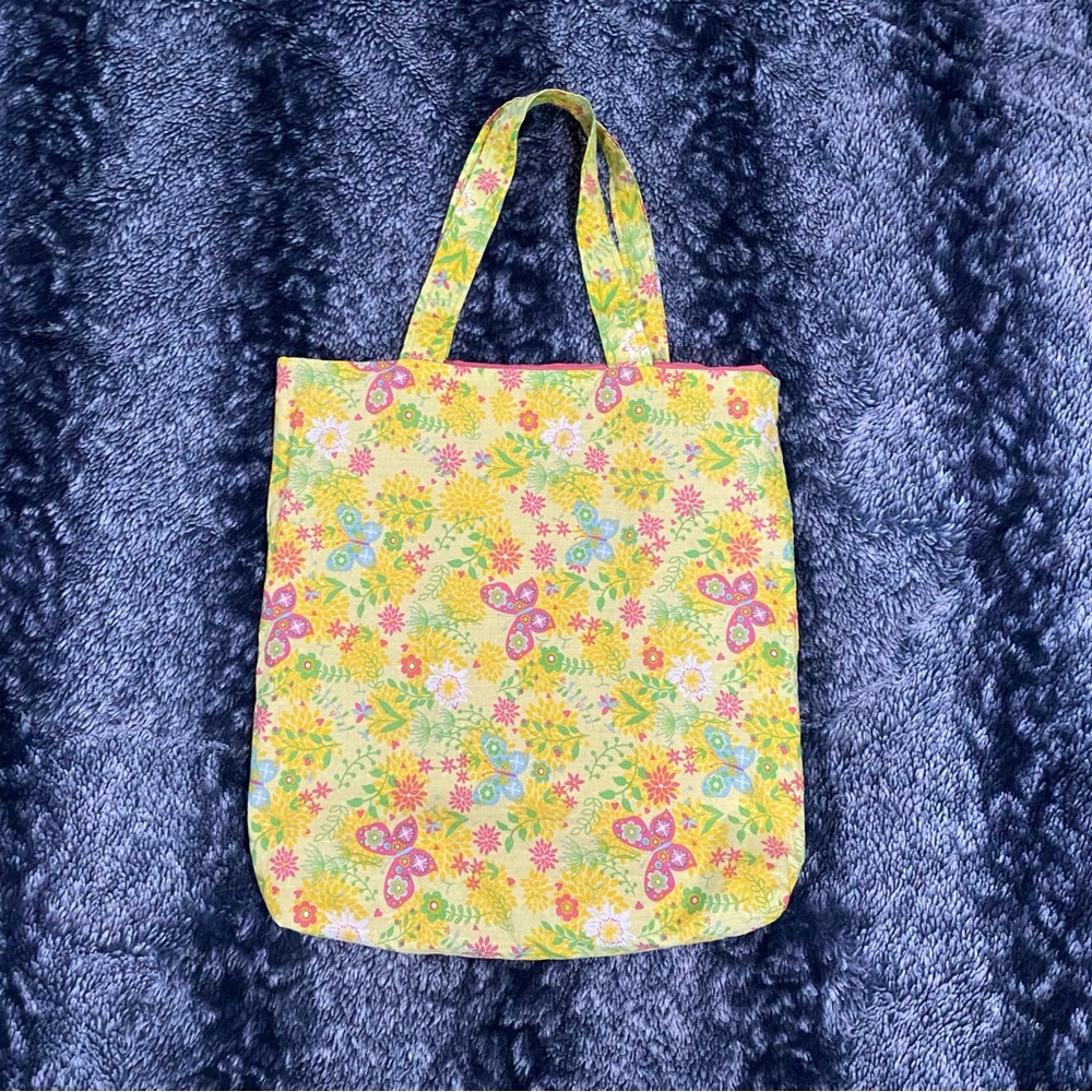 Handmade Yellow & Pink Floral Butterfly Print Book Grocery Travel Tote Bag